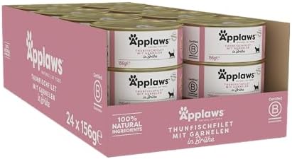 Applaws 100% natürliches Premium-Nassfutter für Katzen, Thunfischfilet mit Garnele in Brühe - Packung mit 24 x 156g Dosen