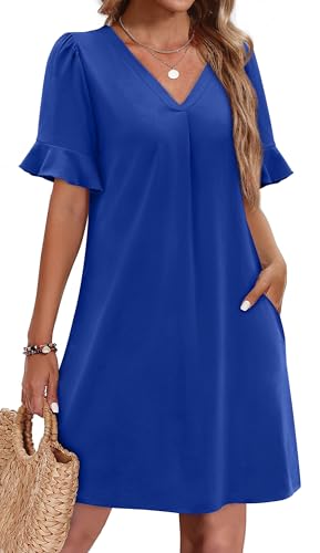 OFEEFAN Womens Blue Dresses Flowy Ruffle Sleeve Shift Dresses for Special Occasions V Neck Dress with Pockets XL