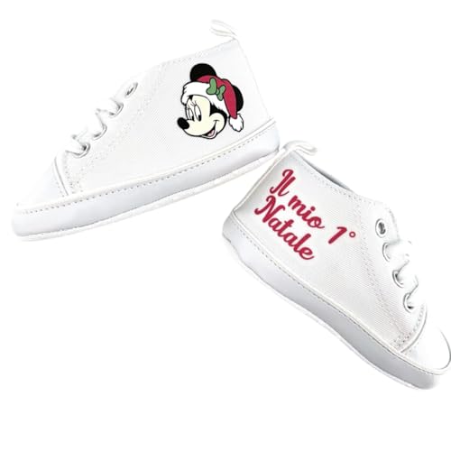 Scarpine Natalizie Neonato, Scarpette Personalizzate Bambino e Bambina con Stampa il Mio Primo Natale, Scarpe da Culla (Topolina, 19)
