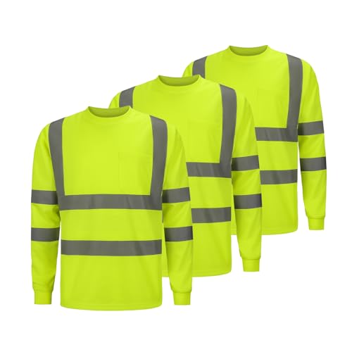 FFTSAFEWARP High Visibility Reflective Safety Shirts for Men, Hi Vis Class 3 Long Sleeve Safety Shirt with Chest Pocket, 3Pcs Quick Dry Work Shirts for Men Construction (Lime, M)