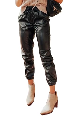 Fashionable Faux Leather Joggers with Adjustable Waist and Side Pockets - Black