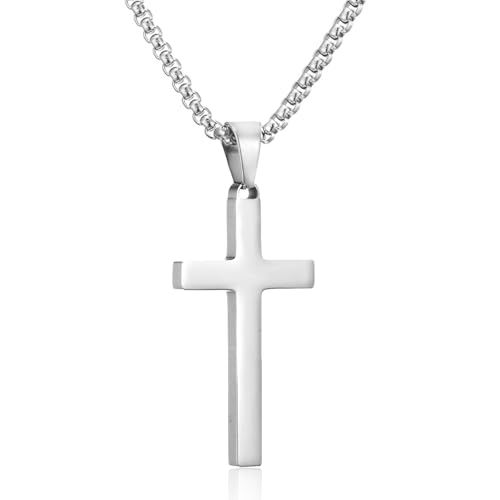 RWQIAN Mens Cross Necklace Silver Chain with Cross Pendant Stainless Steel Christian Jewelry 60cm Confirmation Baptism Gifts for Easter
