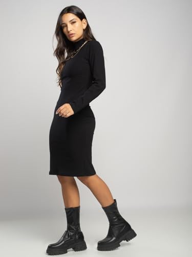 Vestido Midi Canelado Manga Longa Gola Alta | Vestido Manga Comprida Feminino Gola Alta Ribana Canel