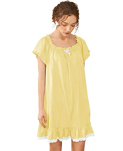 Nanxson Womens' Cotton Nightgown Short Sleeve Sleepwear Vintage Victorian Nightshirt Lounge Dress (Large, Yellow) #TOP5