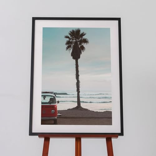Vintage VW Bus Wall Art – Retro Beach Photography Print, Coastal Framed Artwork for Home or Office – Slow Van Fast Times by Max Hall, Black Frame, 14 x 11 Inch