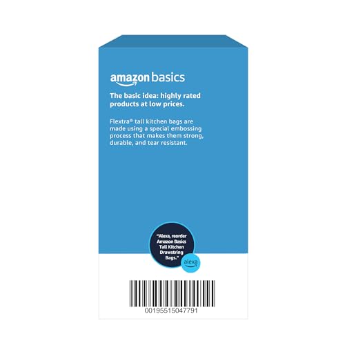 Image of Amazon Basics 13 Gallon Tall Kitchen Drawstring Trash Bags, Flextra Strength, Tear Resistant, 10% Post Consumer Recycled, 50 Count, White