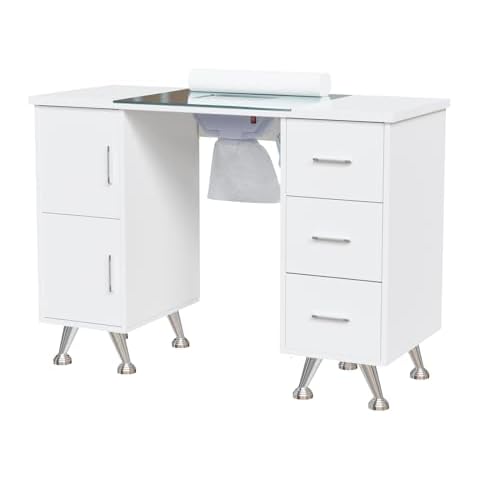 OmySalon Manicure Table Nail Desk for Nail Tech w/Glass Top & Wrist Rest, Beauty Salon Nail Supplies Decor Workstation Acetone Resistant w/2 Side Cabinet+3 Drawers, White Cover