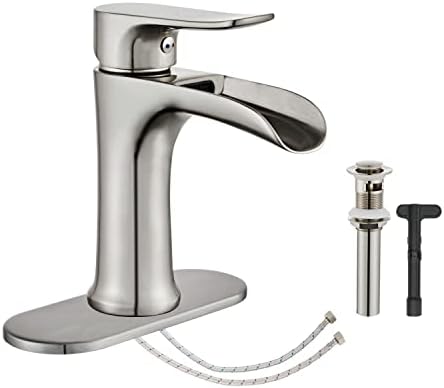 Brushed Nickel Bathroom Faucet, Yundoom Waterfall Bathroom Faucet Pop Up Drain, Single Hole Bathroom Faucet, Single Handle Bathroom Sink Faucet, Bathroom Faucets Brushed Nickel, Vanity Sink Faucet