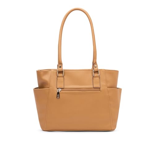 Image of Caprese Lexi Medium Tote Bag for Women | Solid Faux Leather Shoulder Handbag with Zipper Closure | External Eyewear /Sunglass Charm Case | Stylish Bag for Office & Everyday Use