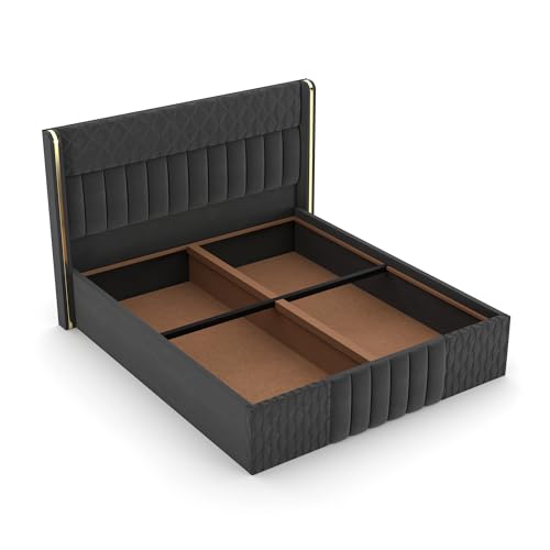 Image of Wooden Modern Upholstered King Size Bed for Bedroom | Wooden Double Bed with Box Storage | Platform Cot Upholstered Bed with Upholstery Fabric | Engineered Wood(6.5 x 6 Ft, Dark Grey)