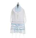 Personalized Paper Cut Blue Design Tallit Prayer Shawl for Women, Bat Mitzvah Tallis for Girl, 20 inch by 72 inch Hand Made in Israel