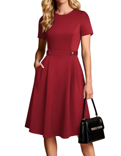 Damen Kleider Elegante, A-Linie Rundhals Kuzarm Kleid Damen mit Tasche, Business Festliche Kleider Rockabilly Dunkelrot M