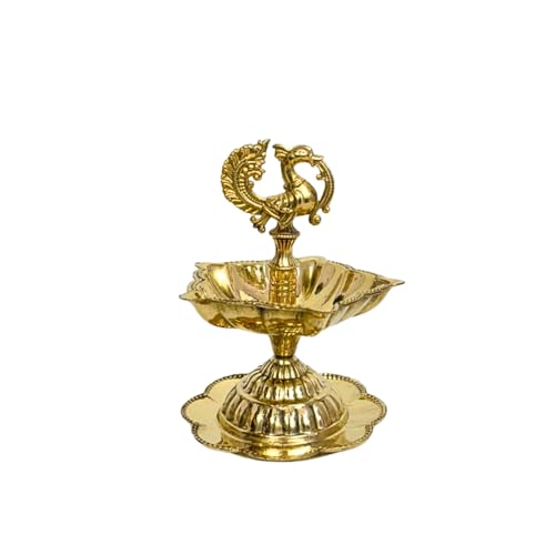 Image of Handcrafted Double Brass Diya with Peacock Design | Traditional Brass Oil Lamp for Puja, Temple & Home Decoration | Antique Finish Deepak for Festivals (Single Diya)