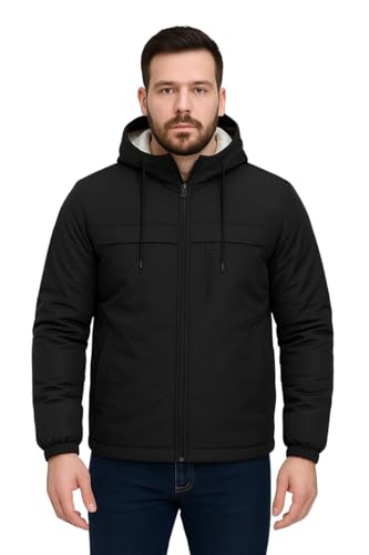 جاكيت شتوي مبطن بالفرو بسوستة داخلية وسوستة امامية وغطاء رأس للشباب والرجال من ميزا (اسود، XXXL)