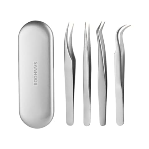 SANHOOII Professional Eyelash Extensions Tweezers For Individual/Cluster/Strip/False Lashes, 4in1 set Make up Tweezers Cover