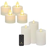 Luminara Bundle Set of 4 Moving Flame Tealights and Set of 3 White Flameless Candle Pillars with...