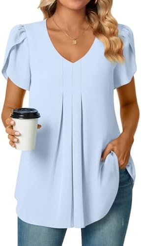Bestbee Women’s Chiffon Blouses Dressy Casual Summer Tops Pleated Tunics V Neck Business Short Sleeve Shirts