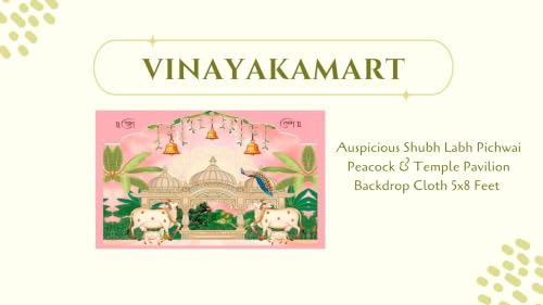 Image of backdrops for Pooja Decoration | Shubh Labh Pichwai Peacock & Temple Backdrop Cloth 5x8 Feet | Lakshmi Devi Backdrop Cloth for Decoration