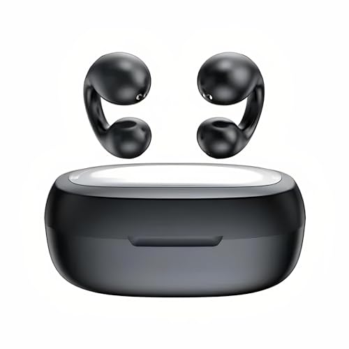 Open Ear Clip Wireless Earbuds Bluetooth 5.3, Sports Earphones Built-in Microphone,Bone Conduction Headphones, Wireless Charging Case & Display, Waterproof Fitness Headphones for Running (Black)