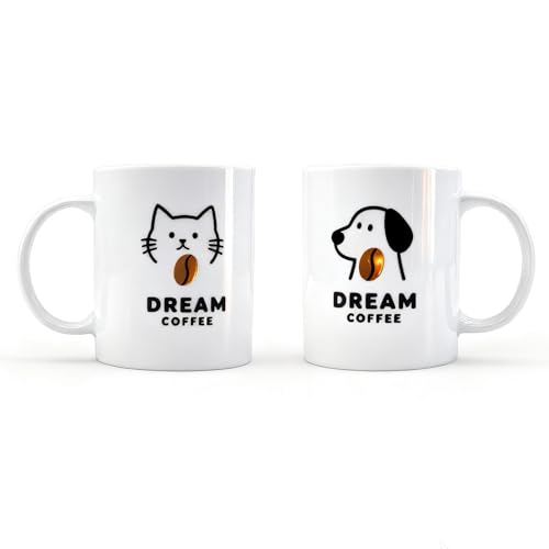 HJOCMLE Pet Lover Mug Set Cute Cat & Dog “Dream Coffee” Ceramic Mugs, Gift Boxed Coffee & Tea Cup Set for Pet Owners, Cute Animal Mugs, Birthday or Holiday Gift