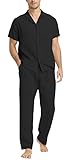 RPOVIG Conjunto de pantalones y camisa de lino: conjuntos de lino para hombre, 2 piezas, camisas de manga corta, pantalones de yoga, trajes de playa y boda, Negro -, Large