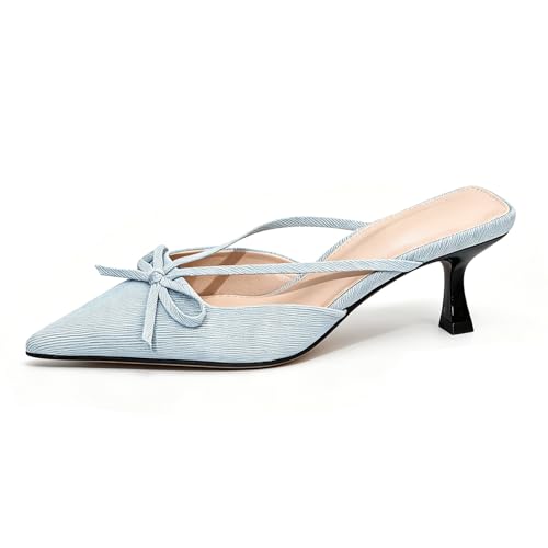 Women's Denim strappy Kitten Heel Mules with Bow Low Heel Dress Sandals