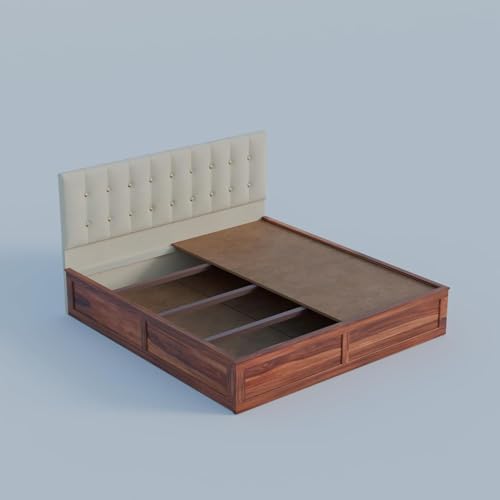 Image of Sheesham Wood King Size Bed with Storage Box | Double Bed for Home | Platform Cot with Cushioned Headboard | Upholstered Beds | Recommended Mattress 78x72 Inch | Cream & Honey Finish