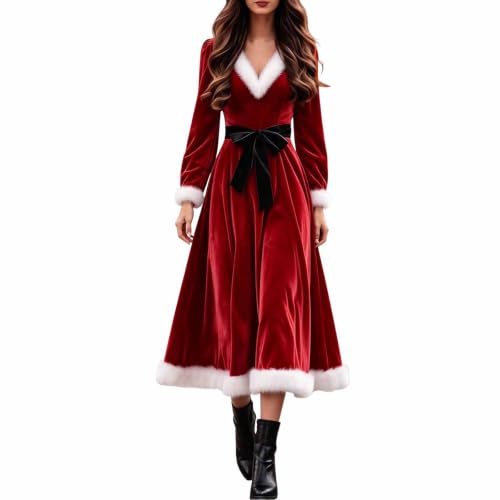 Christmas Dress Women Velvet Ruffle Hem Plush a Line Party Dress Red - image 1