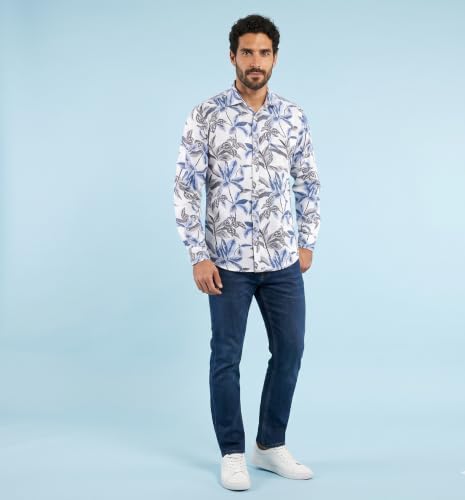 Image of UNM Men's Casual Shirt, Tropical Leaf Print on White