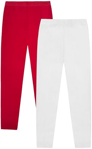 VOGRYE Girls Leggings 2-Pack - 95% Cotton Full Length Pants with Elastic Waist Soft Stretchy Athletic Pants for Kids 3T-7Y White red