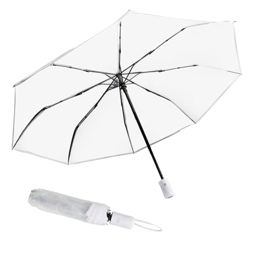 VOSSOT Regenschirm Transparent Automatik - Kompakter Weißer Taschenschirm für Hochzeit & Alltag - Durchsichtiger Winddichter Faltbarer Schirm für Damen Herren Reisen Fotografie
