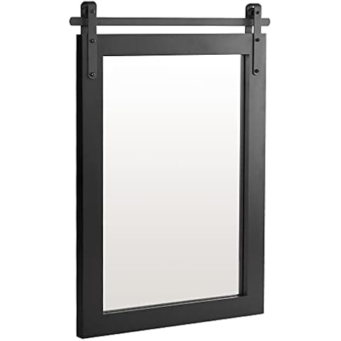 KARTOOSH Black Farmhouse Wall Mirror Barn Door Style Rectangle Solid Wood Frame Mirror Rustic Wall Mounted Mirror for Bathroom, Entryway, Living Room, Dining Room, Wall Decor, 24 x 36 Inches Cover