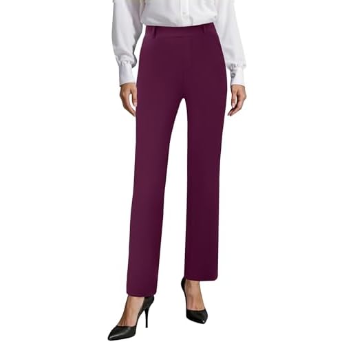 Womens Stretchy Dress Work Pants, Business Casual Straight Leg Office Trousers Pull On Slacks with 2 Pockets Berry X-Small