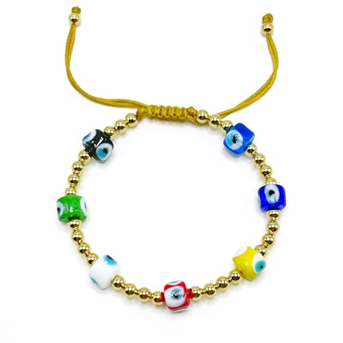 HANDYLUXE Lucky Handmade String Bracelet Colorful Evil Eye Glass Beads Gold Plated Balls for Protection and Blessing
