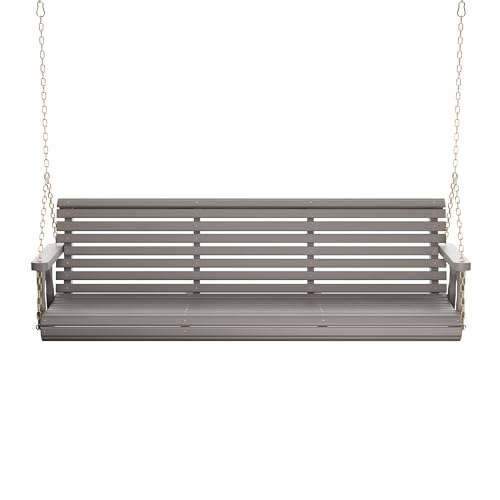 Image of Amish Casual Heavy Duty 700 Lb Capacity Porch Swing (6 Foot, Semi-Solid Gray Stain) - Wooden Outdoor Roll Back Swing with Hanging Chains - Amish Made in the USA