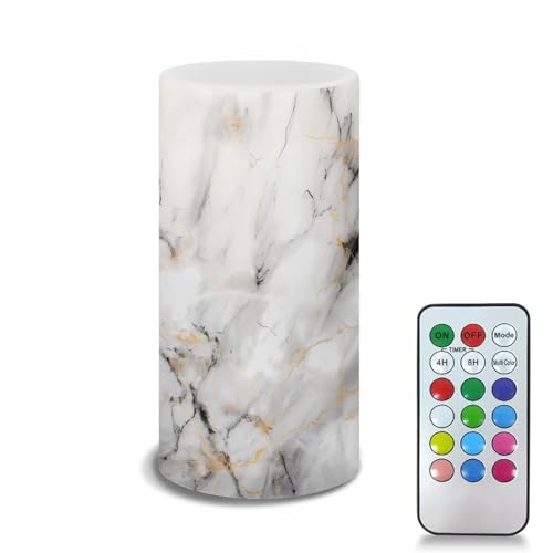 Image of Flameless Light Candles Home Table Ornaments, Battery Operated Candles with Color Changing Timer Remote Control Fake Pillar Candles Tealights Home Decor, White Grey Marble