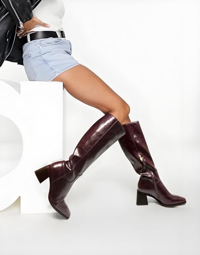 UBWDU Knee High Boots Women Chunky Heel Square Toe Tall Boots High Heel Long Booties with Zip2