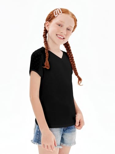 Image of Haloumoning Girls V Neck T-Shirts Kids Summer Swiss Dot Short Sleeve Tops Cute Fashion Tees 5-14 Years