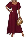 LIAMERHE Vestido Largo Mujer Verano Elegante Cuello Cuadrado Manga Volante Vestido Maxi de Fiesta Boda Casual Línea A Cintura Alta Estilo Boho Chic Vestido de Playa Burdeos S