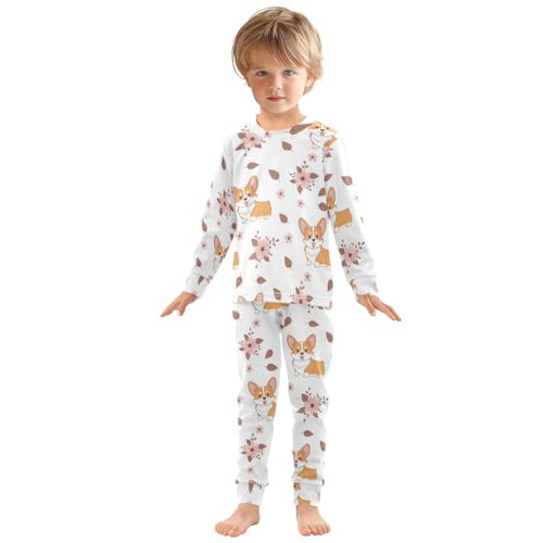 Pajama Sets Long Sleeve Corgi Flowers Leaves Background Soft Comfy Sleepwear 2 Piece PJS 3-8T2