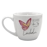 Dekohelden24 Maxi-XXL Kaffeebecher/Tasse aus Porzellan, Motiv: Beginne den Tag mit einem Lächeln, Größe H/Ø: 9,2 x 10,5 cm, Fassungsvermögen 400 ml, Spülmaschinengeeignet, Schmetterling, 9,2 cm