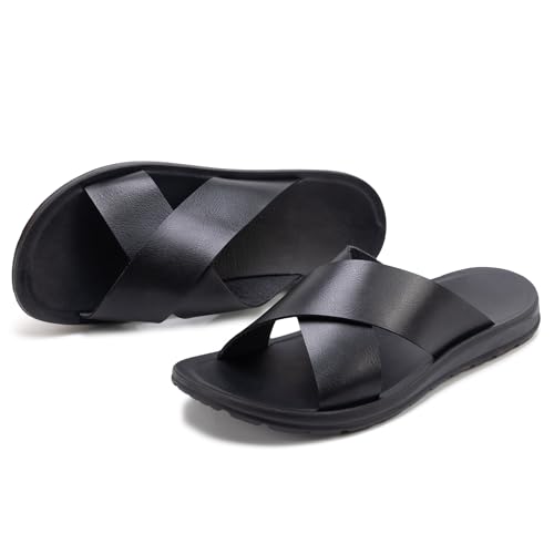 Men's sandals are both casual and fashionable. One-piece slip-on style with crisscross leather straps and flat soles, perfect for beach wear.2