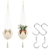 MINGBOLIN Makramee Blumenampel Set 95cm Boho Deko Blumenampel Hängend Innen 2Stück Baumwollseil Blumentopf Hängend, Hängetopf für Pflanzen mit Haken für Innen, Balkon, Wohnzimmer