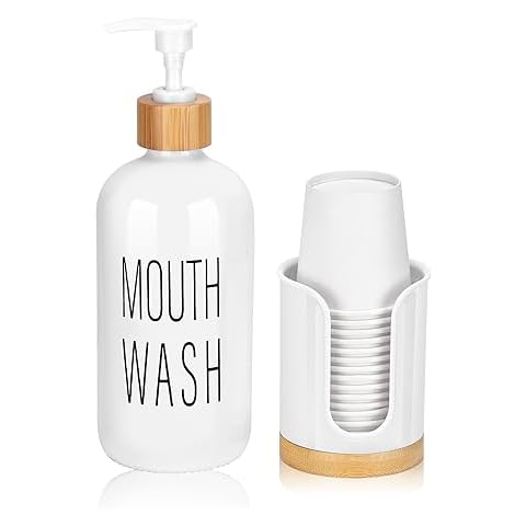 Pump Mouthwash Dispenser with Bathroom Cup Holder, Glass Mouthwash Container Cover
