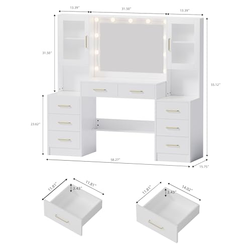 Image of White Makeup Vanity Desk with Mirror and Lights, Makeup Vanity Table with Lighted Mirror, 58.3 inch Dressing Table with Mirror and Lights, Big Vanity with 8 Drawers & Lots Storage Space for All Girls