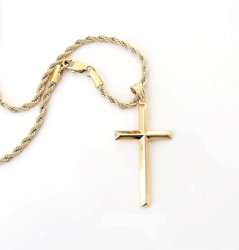 18K Gold Rope Chain Style Cross Pendant Necklace 3MM Cross Necklace Clasp for MEN, HUSBAND Thin for Charms Miami Cuban Link Diamond Cut Religious Beveled Edge2