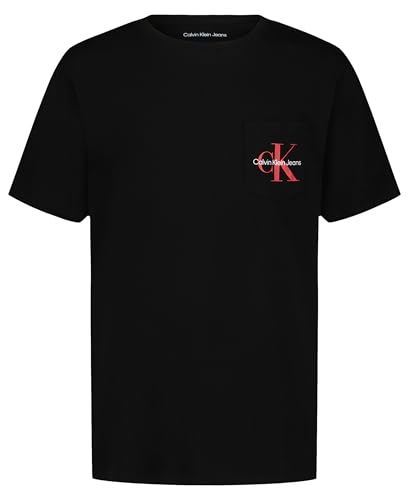 Image of Calvin Klein Boy's Crew Neck Short Sleeve T-Shirt with Pocket and Logo, Soft, Comfortable, Comfortable Fit, Black, 10-12