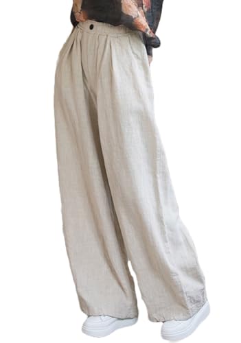 FTCayanz Women's Linen Pants Wide Leg Palazzo Pants Summer Casual Elastic Waist Trousers with Pockets