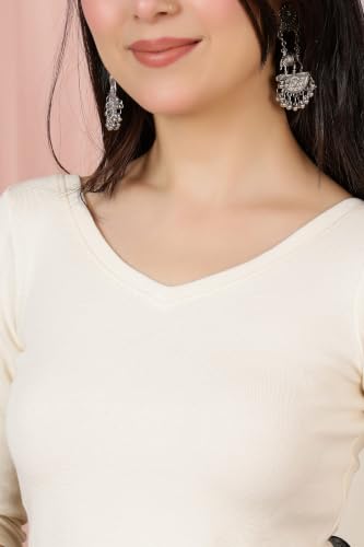 Image of Mlada V-Neck Stretchable Saree Blouse Top for Women | Slim Fit 3 /4th Sleeves Solid Cotton Blouses | Readymade Saree Blouses for Women Festive & Ethnic | Blouse Crop Top