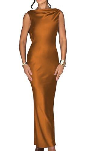 High Neck Prom Dress Sleeveless Satin Cocktail Party Maxi Dress Bodycon Bridesmaid Dress with Tie Back